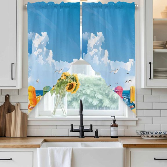 Beach Chairs Swag Curtain Valance for Windows, Summer Beach Ocean Seagull Sky Window Treatments Short Swag Topper for Kitchen Windows Bathroom Bedroom, 36"x45"