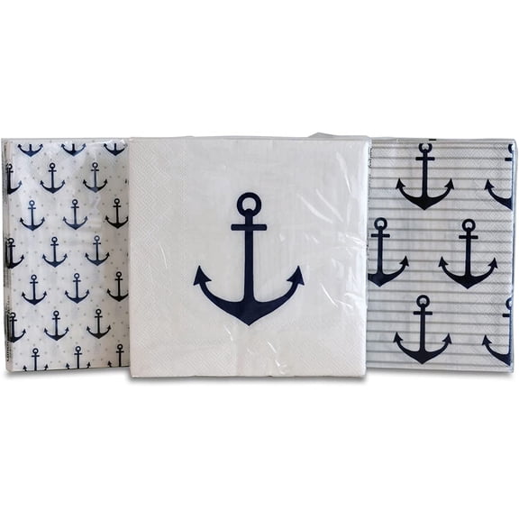 Beach Chic Anchor Napkins, 3 Packs of 20, 2 Ply Paper, 6.75 inches Blue and White Nautical Patterns