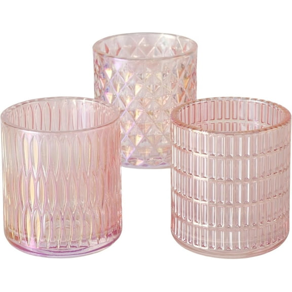 Beach Chic Candle Lanterns, Set of 3, Pearly Pink, Translucent Lacquered Glass,