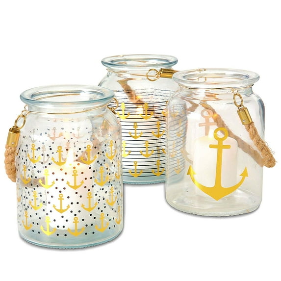 Beach Chic Nautical Hurricanes, Set of 3, Rustic Rope Handles, Anchors Away Pattern, Candle Holder, for LED or Wax Votive, Pillar or Tealights, Wind Lights, 6 Inches Tall Cape Cod Style