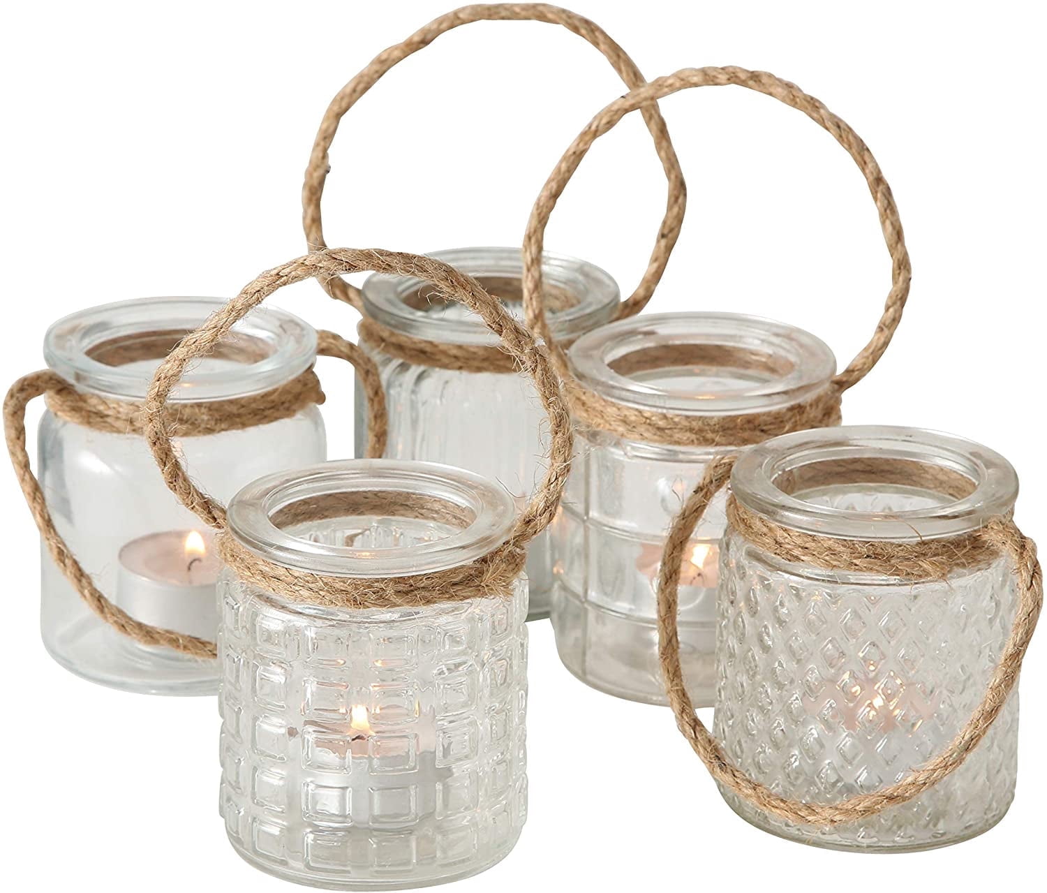 Set Of 5 Nautical Rope Hurricane Lamps - 2.75x2.75x3.5" Glass Candle Holders