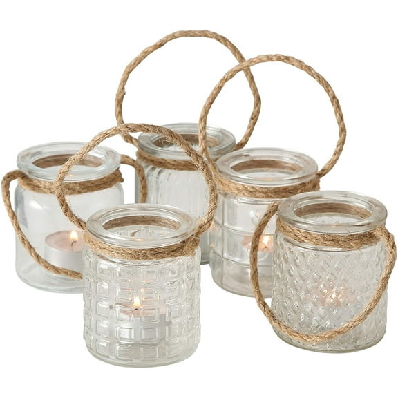 5 Piece Beach Chic Nautical Rope Hurricane Lamps, Clear Glass Candle Holder, for LED or Wax Votive, Pillar or Tealights, 3 1/2 Inches
