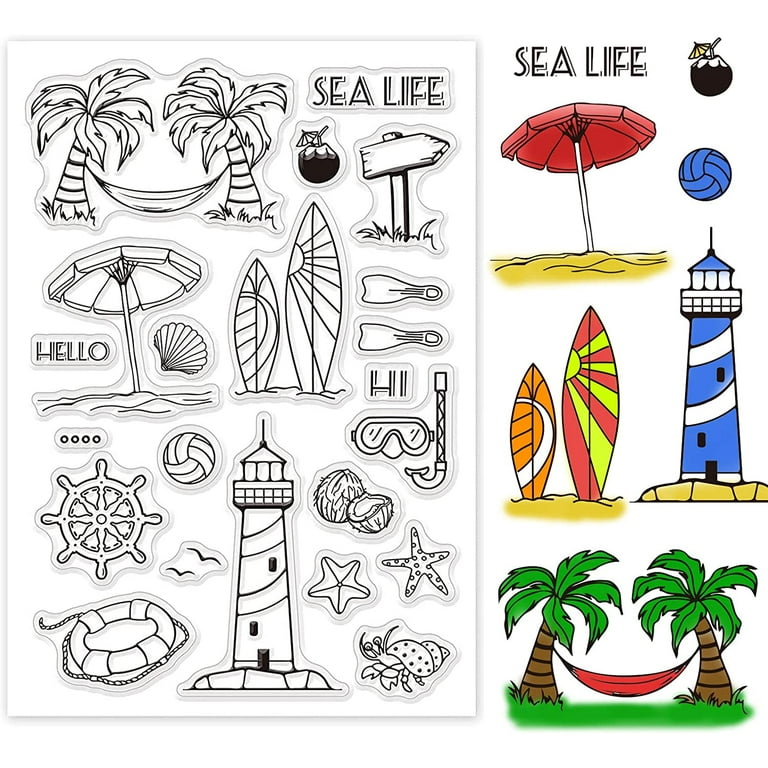 Beach Clear Stamps Beach Sun Sea Sand Silicone Stamp Transparent Stamp for  Card Making Decoration and DIY Scrapbooking 