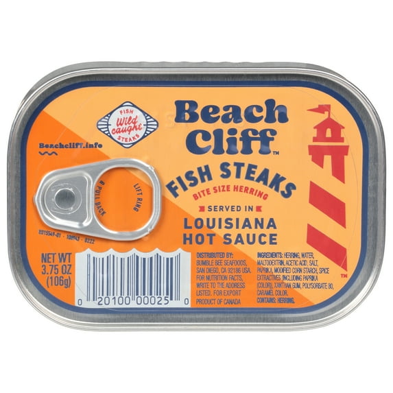 Beach Cliff Wild Caught Fish Steaks in Louisiana Hot Sauce, Gluten Free, 15g Protein per Serving, Bite Sized Herring, Shelf Stable Can, 3.75 oz