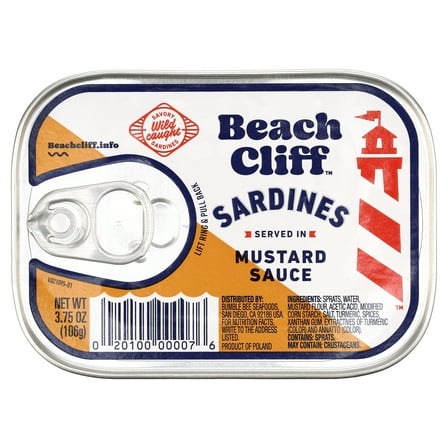 Beach Cliff Wild Caught Sardines in Mustard Sauce, Gluten Free, 18g Protein Per Serving, Shelf Stable Tin Can, 3.75 oz