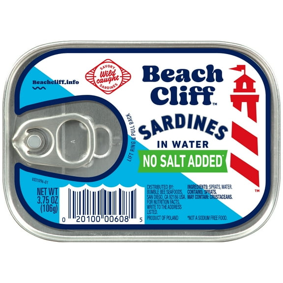 Beach Cliff Wild Caught Sardines in Water with No Salt Added, Gluten Free, 12g Protein Per Serving, Shelf Stable Tin Can, 3.75 oz