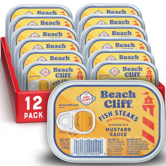 Beach Cliff Wild Caught Fish Steaks KKS1in Mustard Sauce, 3.75 oz Can (Pack of 12) - 17g Protein per Serving - Gluten Free, Keto Friendly - Great for Pasta & Seafood Recipes