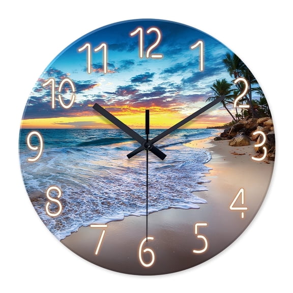 Beach Wall Clock Battery Operated 14 Inch Silent Blue Ocean Sunset Clocks Modern Wall Clock for Living Room Bedroom Decor