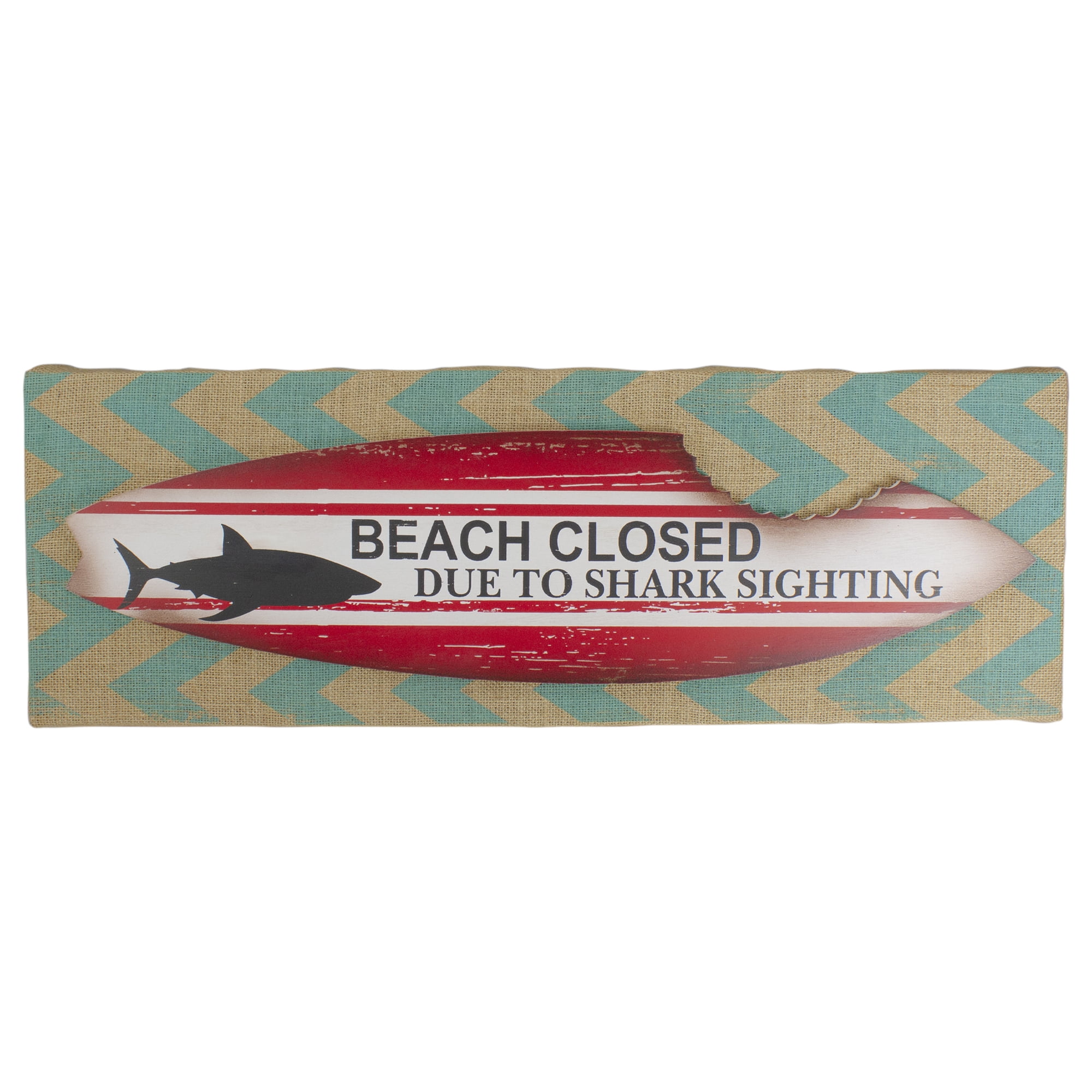 Beach Closed Shark Bitten Surfboard Linen Burlap Wall Art 24"