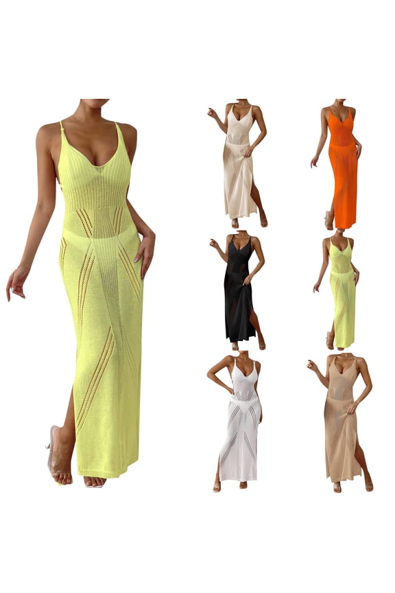 Beach Clothes , Womens Coverup , Crochet Bikini Women's Vacation Beach Long Dress Sleeveless Split Maxi Dress With Adjustable Straps Slim Fit