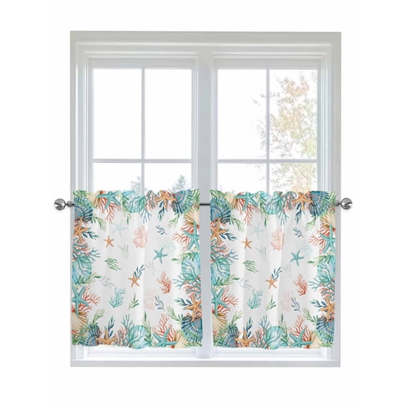 Beach Coastal 2 Panel Kitchen Curtains for Small Windows, Summer Coral Starfish Nautical Ocean Bathroom Tier Curtain, Short Window Treatment for Bedroom/Living Room 55"x24"