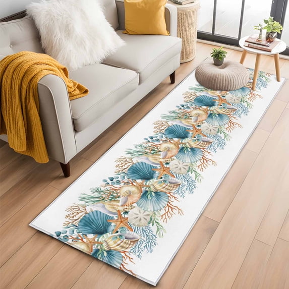 Beach Coastal 2'x6' Runner Rugs for Hallway Kitchen Bedside Non Slip Washable, Nautical Shell Starfish Coral Summer Entryway Rug Runners with Rubber Backing, Long Carpet Runner for Laundry Room