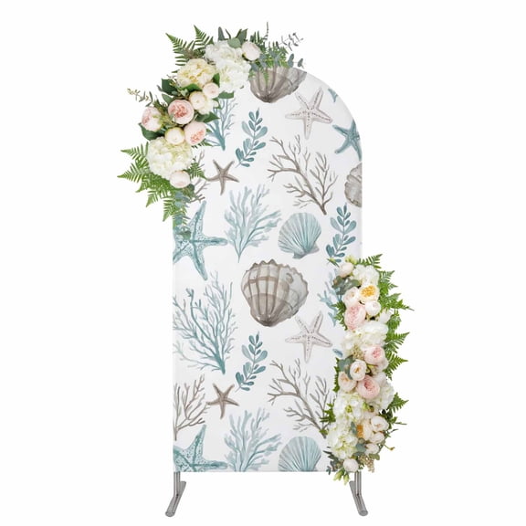 Beach Coastal Arch Backdrop Cover 7.2FT, Ocean Nautical Starfish Coral Seashells Spandex Fitted Stretchy Arch Stand Covers, Round Top Chiara Backdrop Cover for Wedding Party Birthday Baby Shower