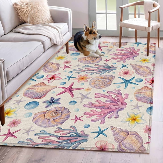 Beach Coastal Area Rugs 4'x6', Washable Small Throw Rugs for Office Bathroom, Summer Nautical Shell Starfish Coral Rustic Indoor Outdoor Rug Non-Slip Low Pile Carpet Runner Reversible Floor Mats