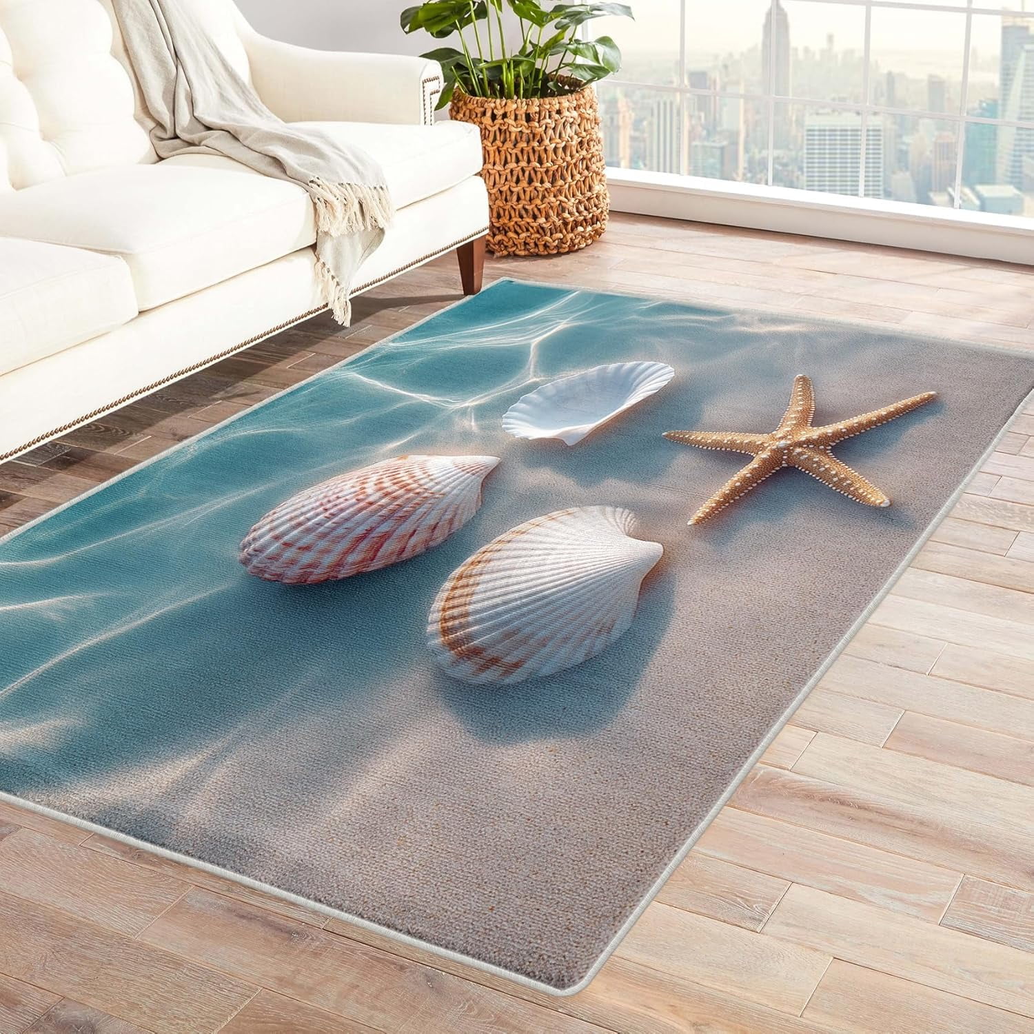 Beach Coastal Area Rugs, Starfish Seashell Ocean Carpet, Washable Non ...