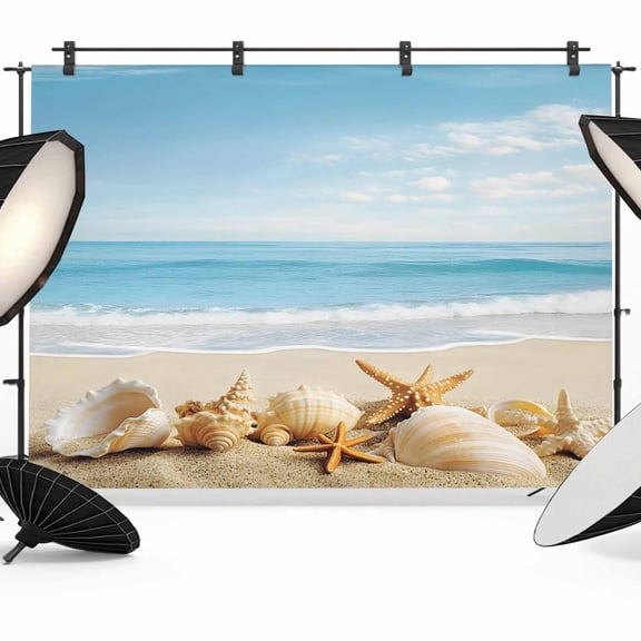 Beach Coastal Backdrop for Photoshoot,Photography Photo Studio Background Wall Backdrop,Summer Seaside Shell Starfish Nautical Back Drop Banner Panel for Portraits Wedding Party Live Streaming 8x6Ft