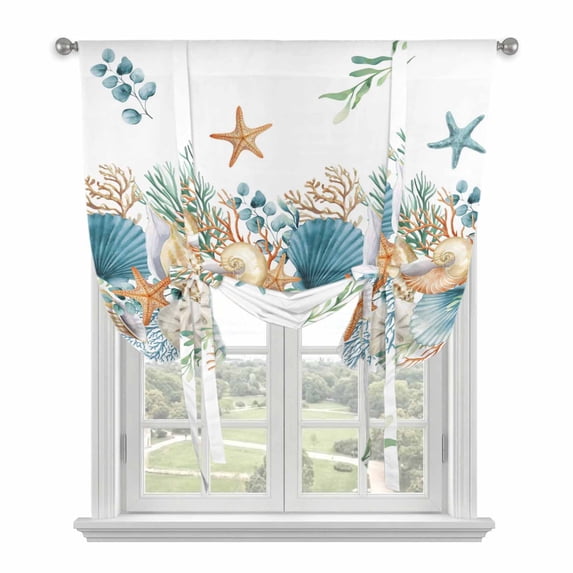Beach Coastal Balloon Curtains for Bedroom/Front Door/Bathroom, Nautical Shell Starfish Coral Summer Tie Up Curtains 63 Inch Length Light Filtering Kitchen Curtains Shades for Windows 46"x63"