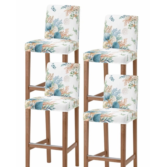 Beach Coastal Bar Stool Covers Set of 4, Summer Nautical Coral Shell Botanical Stretch Washable Bar Chair Covers with Backs, Removable Pub Counter Height Chair Cover for Kitchen Dining Room Cafe