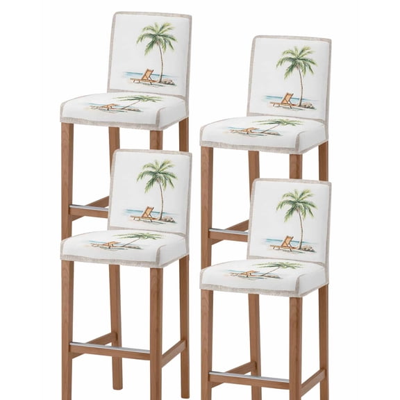 Beach Coastal Bar Stool Covers Set of 4, Summer Nautical Ocean Palm Tree Seaside Stretch Washable Bar Chair Covers with Backs, Removable Pub Counter Height Chair Cover for Kitchen Dining Room Cafe