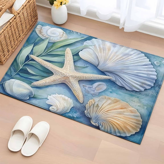 Beach Coastal Bathroom Rug Washable 2x3 Entryway Rug Non Slip Summer Starfish Nautical Shell Blue Front Door Mat Low Pile Indoor Doormat Throw Floor Carpet for Kitchen Bedroom Entrance