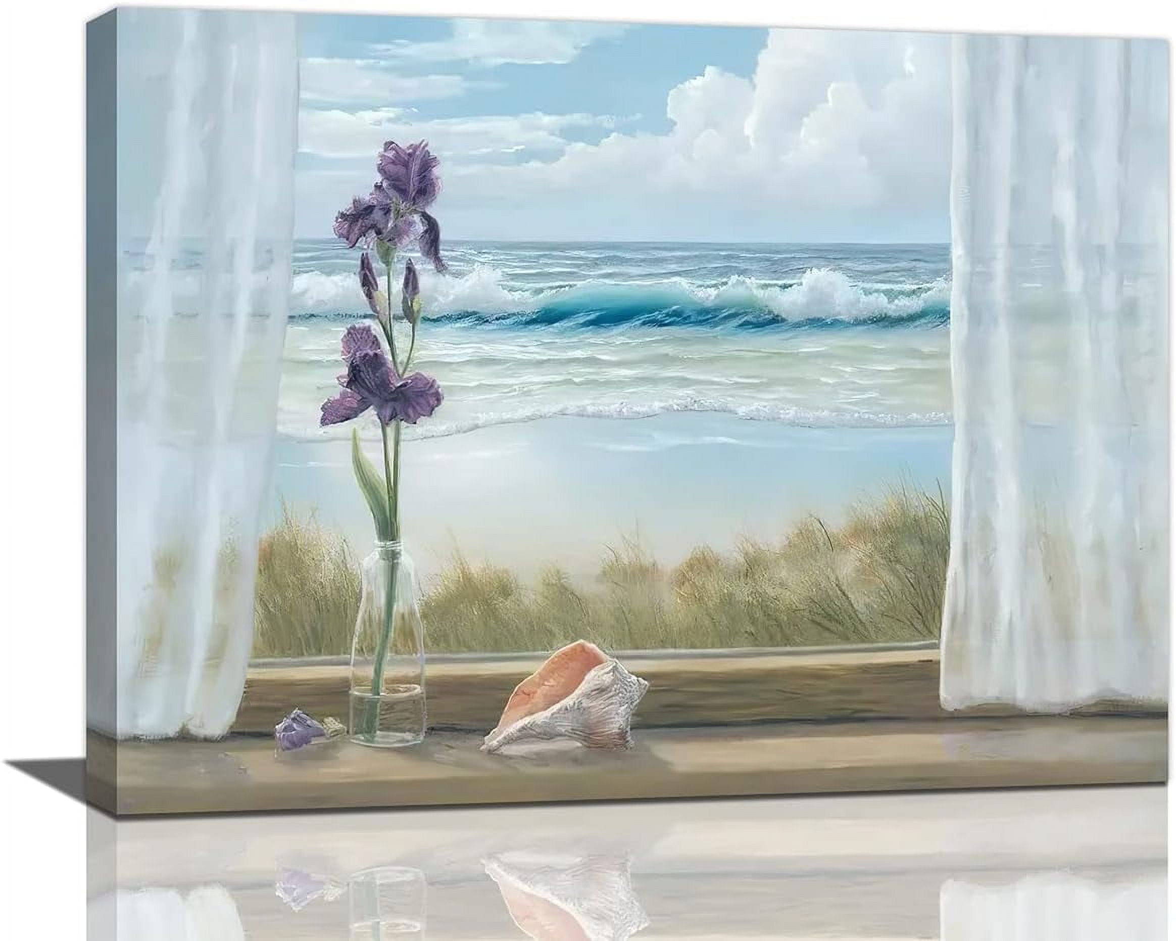 Beach Coastal Bathroom Wall Art Seashell Iris Pictures Blue Ocean ...