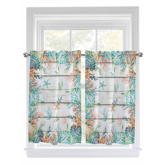 Beach Coastal Bathroom Window Curtain, Summer Coral Starfish Nautical Ocean Retro Light Filtering Coffee Kitchen Curtains, Bedroom Living Room Curtains 2 Panel 84"x45"