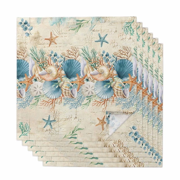 Beach Coastal Beige Cloth Napkins, Nautical Shell Starfish Coral Summer Washable and Reusable Dinner Napkins Set of 6, Table Napkin for Kitchen Party Birthday Wedding Hotel Housewarming 20"x20"