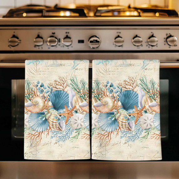 Beach Coastal Beige Kitchen Towels Set of 1, Nautical Shell Starfish Coral Summer Absorbent Dish Towels for Kitchen, Microfiber Hand Towel, Quick Drying Tea Towel for Cleaning Decorative Dishcloths