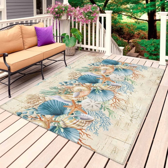 Beach Coastal Beige Outdoor Rug 4x6 Ft, Non Slip Washable Area Rug, Nautical Shell Starfish Coral Summer Patio Rugs Carpet Runner, Large Floor Mat for Indoor/Outdoor Deck Porch Camping