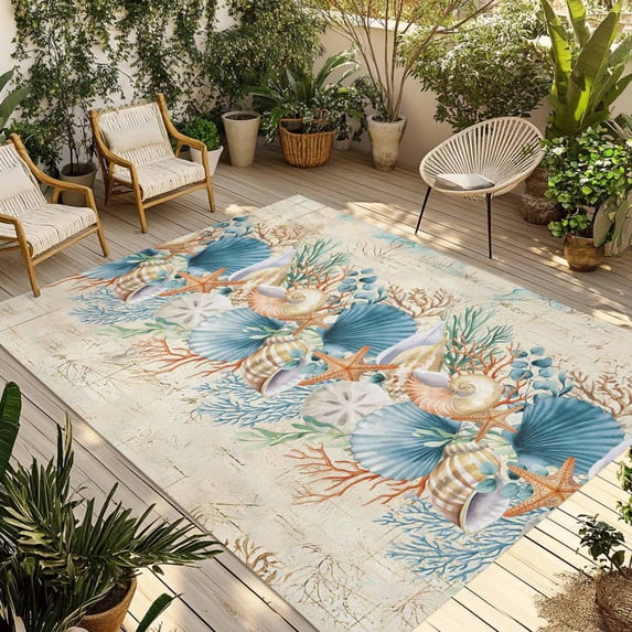 Beach Coastal Beige Outdoor Rug for Patio/Deck/Porch, Non-Slip Large Area Rug 5 x 7 Ft, Nautical Shell Starfish Coral Summer Indoor Outdoor Rugs Washable Area Rugs, Camping Rug Carpet Runner