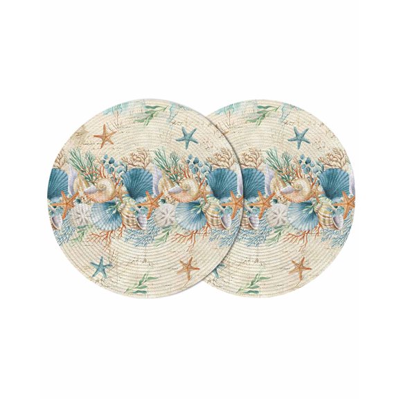 Beach Coastal Beige Round 13 Inch Placemats Set of 2, Nautical Shell Starfish Coral Summer HeatResistant Non Slip Place Mats for Dining Table, Wipeable Braided Kitchen Table Mats for Housewarming