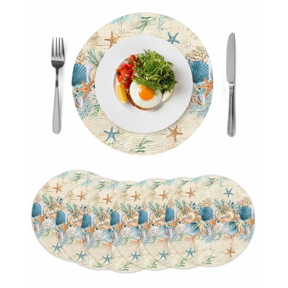 Beach Coastal Beige Round 13 Inch Placemats Set of 6, Nautical Shell Starfish Coral Summer HeatResistant Non Slip Place Mats for Dining Table, Wipeable Braided Kitchen Table Mats for Housewarming