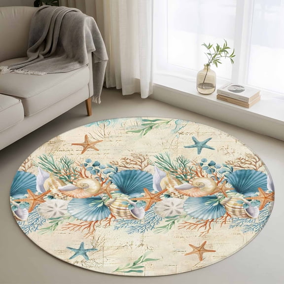 Beach Coastal Beige Round Area Rug 3Ft Washable Small Circle Rugs for Kitchen Entryway, Nautical Shell Starfish Coral Summer Non-Slip Carpet Floor Mats Indoor Outdoor Carpet Runner Home Decor