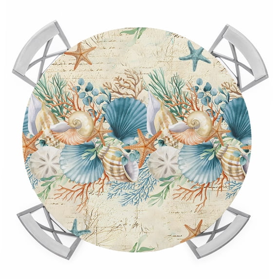 Beach Coastal Beige Round Tablecloth for 45-54 Inch Tables,Fitted Table ...