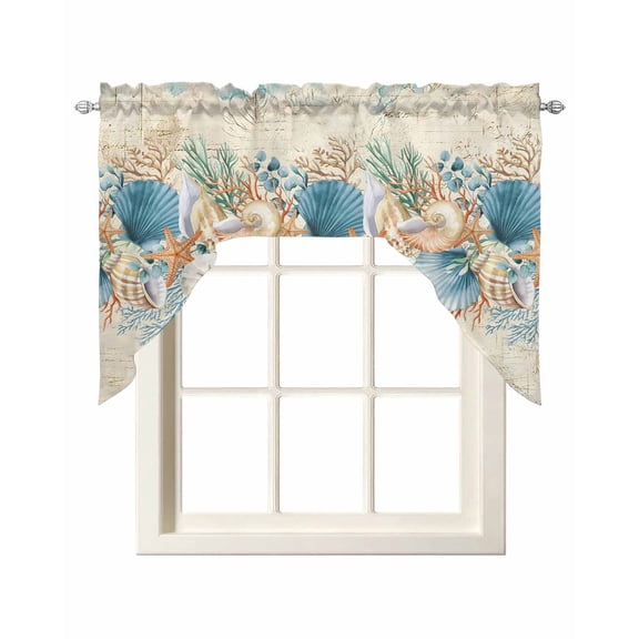 Beach Coastal Beige Swag Valances for Windows, Small Curtains Drapes, Nautical Shell Starfish Coral Summer Kitchen Window Curtains Over Sink Window Treatment Valance for Bedroom/Bathroom 56"x36"