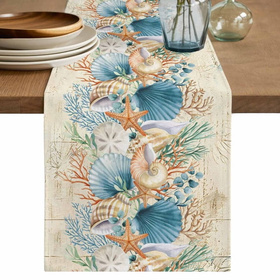Beach Coastal Beige Table Runner 72 Inches, Nautical Shell Starfish Coral Summer Bed Runner Dresser Scarves Tabletop for Indoor Outdoor Parties/Ceremony/Banquet, 13" x 72"