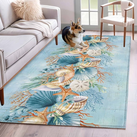 Beach Coastal Blue Area Rugs 2.7'x5', Washable Small Throw Rugs for Kitchen Bedroom, Nautical Shell Starfish Coral Summer Indoor Outdoor Rug Non-Slip Low Pile Carpet Runner Reversible Floor Mats