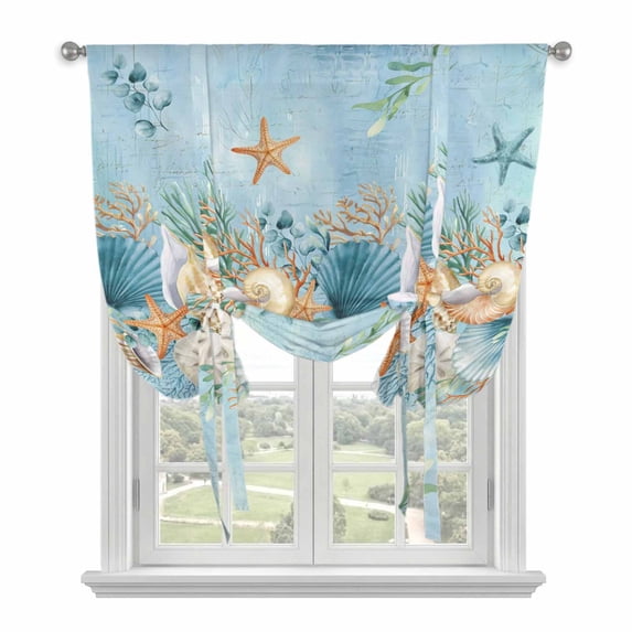 Beach Coastal Blue Balloon Curtains for Bedroom/Front Door/Bathroom, Nautical Shell Starfish Coral Summer Tie Up Curtains 63 Inch Length Light Filtering Kitchen Curtains Shades for Windows 46"x63"