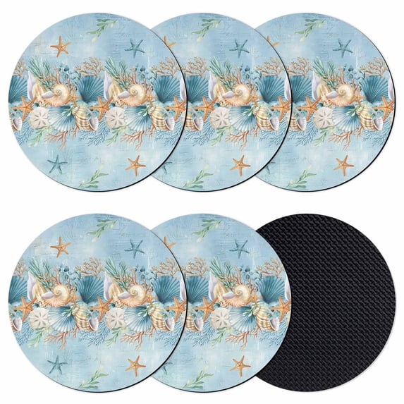 Beach Coastal Blue Coasters Set of 6, Absorbent Coasters for Drinks, Nautical Shell Starfish Coral Summer Coaster for Desk Coffee Table Protection, Home Decor House Warming Gifts 4"