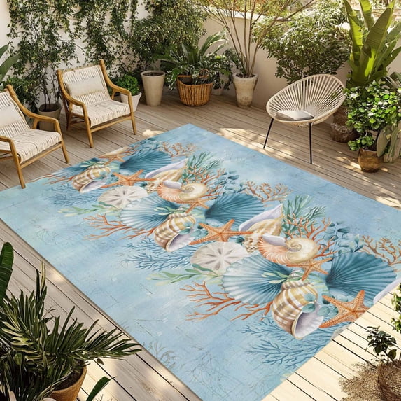 Beach Coastal Blue Outdoor Rug for Patio/Deck/Porch, Non-Slip Large Area Rug 3 x 5 Ft, Nautical Shell Starfish Coral Summer Indoor Outdoor Rugs Washable Area Rugs, Camping Rug Carpet Runner