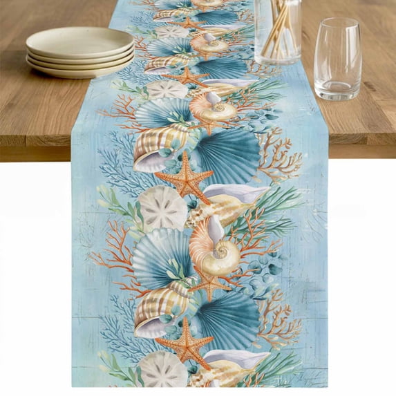 Beach Coastal Blue Table Runner - 36 Inch Long Nautical Shell Starfish Coral Summer Cotton and Linen Blended Dress Scarves Farmhouse Table Runner for Kitchen Dining, Coffee Table, 13" x 36"