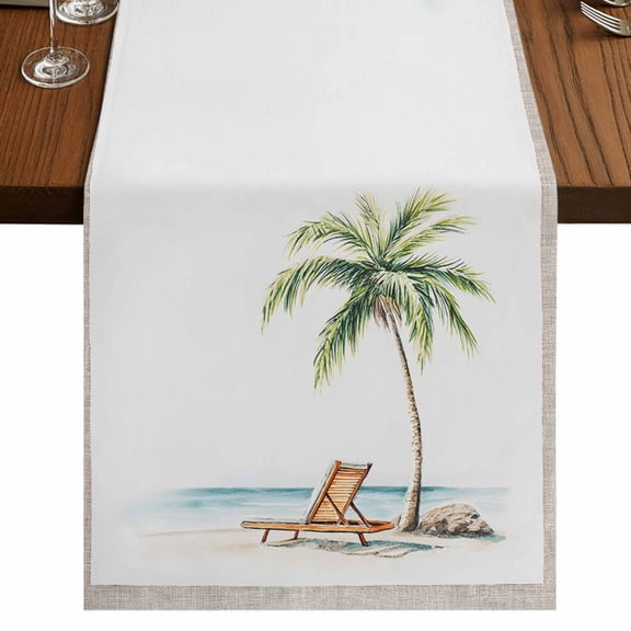 Beach Coastal Burlap Cotton Table Runner 13x108 Inches Long, Summer Nautical Ocean Palm Tree Seaside Farmhouse Table Runners, Outdoor Dining Tablecloths Decor for Baby Shower/Party/Wedding