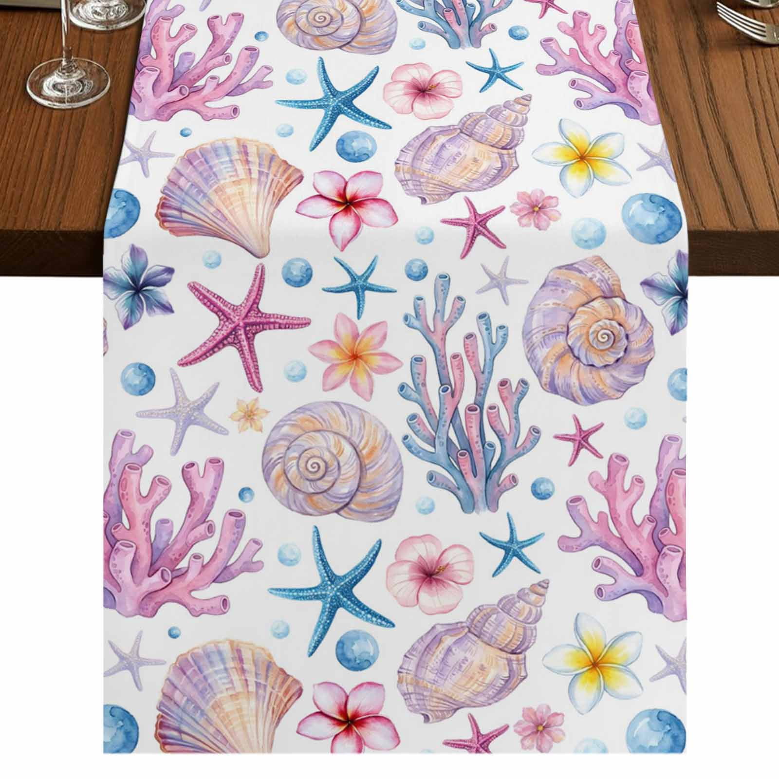 Shell Table Clothes Beach Coastal Burlap Cotton Table Runner 18x72 Inches Long, Ocean ...