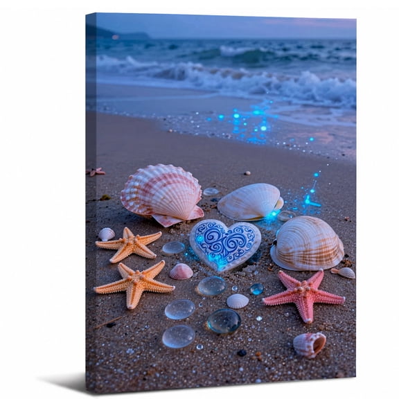Beach Coastal Canvas Wall Art Framed,Glowing Heart Shell Starfish Seaside Ocean canvas print for bathroom bedroom or living room decor,28x40in