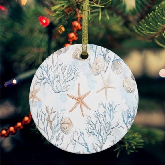 Beach Coastal Ceramic Ornaments, Nautical Summer Starfish Coral Sea Round Porcelain Hanging Ornaments with Gold String, Xmas Decorations Keepsake Gifts for Holiday Home Party 3''