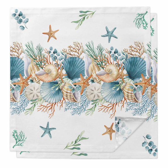 Beach Coastal Cloth Napkins, Nautical Shell Starfish Coral Summer Washable and Reusable Dinner Napkins Set of 2, Table Napkin for Kitchen Party Birthday Wedding Hotel Housewarming 20"x20"