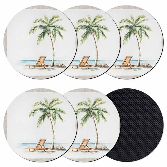 Beach Coastal Coasters Set of 6, Absorbent Coasters for Drinks, Summer Nautical Ocean Palm Tree Seaside Coaster for Desk Coffee Table Protection, Home Decor House Warming Gifts 4"