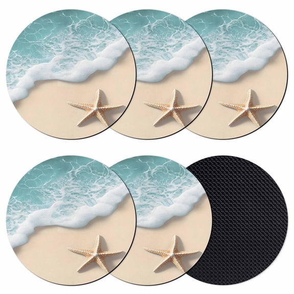 Beach Coastal Coasters Set of 6, Soft Absorbent Coasters for Drinks, Summer Nautical Starfish Aqua Beige Non-Slip Cup Coaster Mat with Rubber Bottom for Home Kitchen Desk Coffee Bar Table Decor 4"