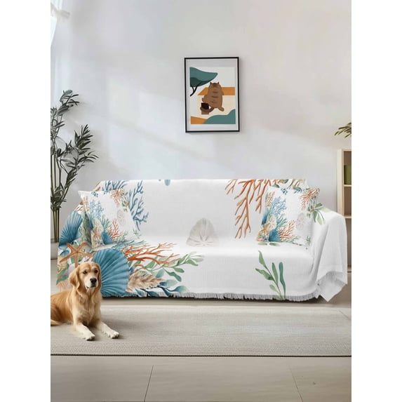 Beach Coastal Couch Cover, Summer Nautical Coral Shell Botanical Oversized Sofa Cover Blanket for 3 Cushion Couch, Sectional Sofa Slipcover Furniture Protector for Living Room Bedroom 71''x150''