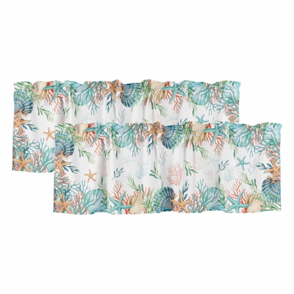 Beach Coastal Curtain Valances for Windows, Kitchen Valance Window Treatments Panel 2 Pack, Summer Coral Starfish Nautical Ocean Rod Pocket Short Curtains for Bathroom Bedroom 42 x 12 Inch